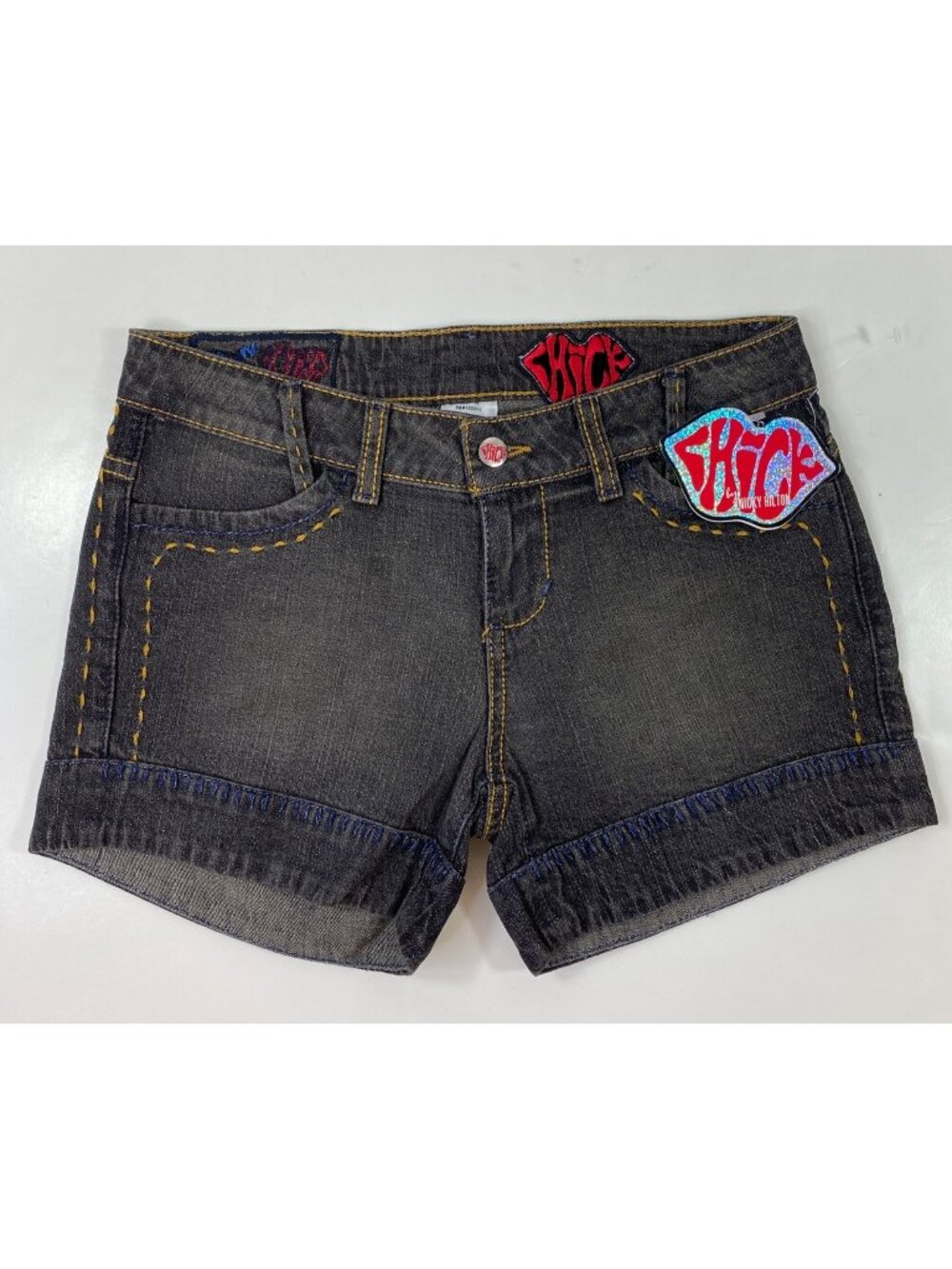 Chick By Nicky Hilton Womens Black Denim Shorts With Patches Size 26